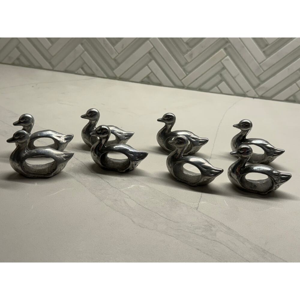 Vintage Cast Metal Silver Duck Napkin Ring Holders Lot of 8